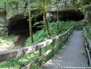 Long walkway leads through trees to the large entrance of Russell Cave.