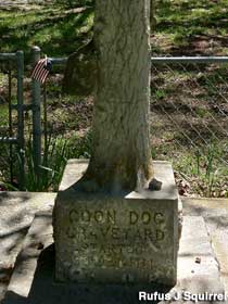 Tombstone resembling a tree at the entrance to the Coon Dog Graveyard.
