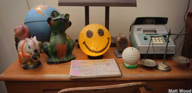 Tim's childhood desk and illuminated Smiley orb from the early 1970s.
