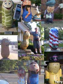 Collage of nine photos of large outdoor upright fiberglass peanuts, all painted with different designs and faces.