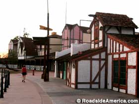 Tudor-style stores and restaurants.