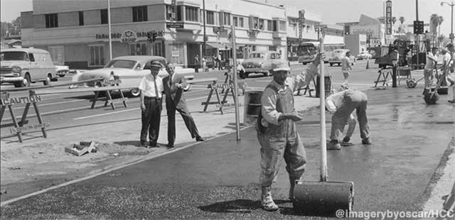 1958: Construction begins on the Walk of Fame at the northwest corner of Hollywood Blvd and Highland Ave.