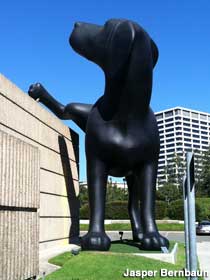 Dog peeing on art museum.