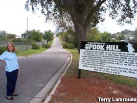 Spook Hill road and sign.