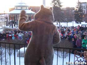 Groundhog Day mascot greet the crowd.