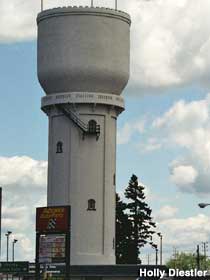 Water tower resembling a flashlight.