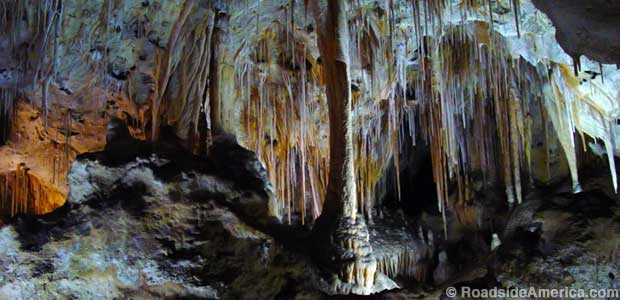 Carlsbad Caverns limestone column and delicate stalactites.