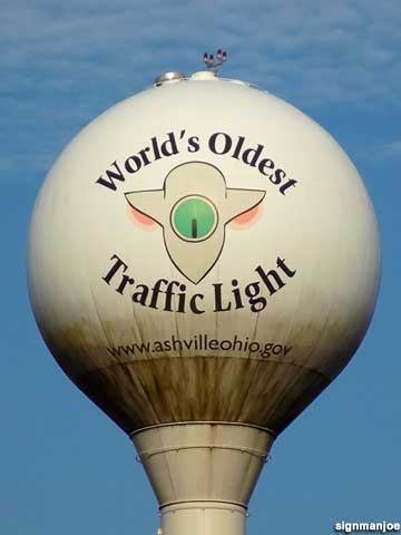 Water Tower displays Oldest Traffic Light claim.