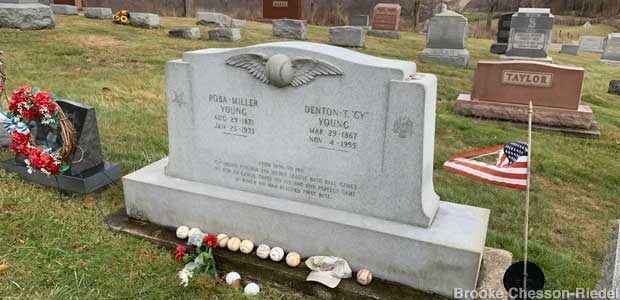 Cy Young's winged baseball gravestone.