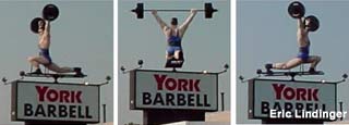 Rotating weightlifter statue at York Barbell.