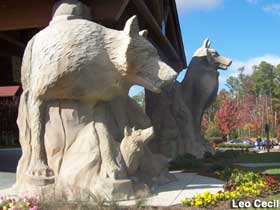 Giant carved wolves.