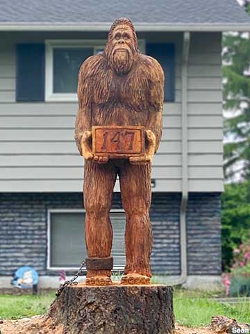 Bigfoot yard carving.