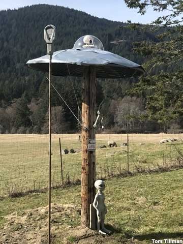 Flying saucer, aliens, parking meter.