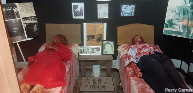 Replica morgue displays the bloody body-dummies of America's outlaw Romeo and Juliet.