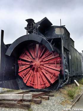 Front view of engine of the Snow Plow Train shows red blow blades.
