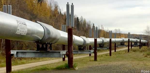 Alaskan Oil Pipeline rests on pillars only a few feet above the ground.