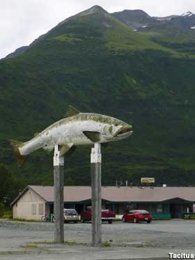 Large fish mounted on two poles out in a parking lot with no water visible.