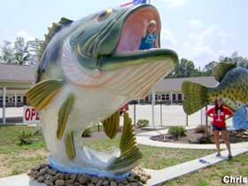 Full-color outdoor sculpture of a leaping fish; a small child sits in its mouth for scale.