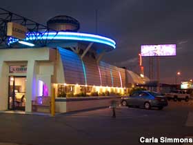 Space Age Lodge at night.