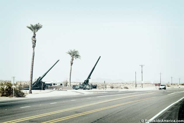 Entrance to Yuma Proving Ground, Atomic Cannon on right.