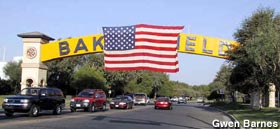 Flag draped over the Bakersfield arch.