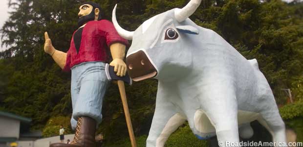 Giant Bunyan and Babe the Blue Ox. Paul talks and waves.