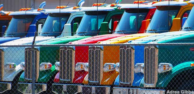 Rainbow array of trucks.