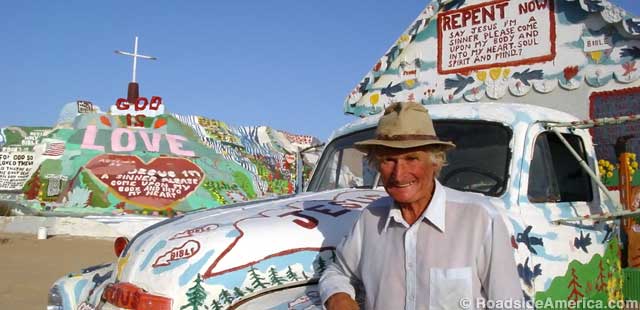 Leonard Knight and his live-in truck at Salvation Mountain.