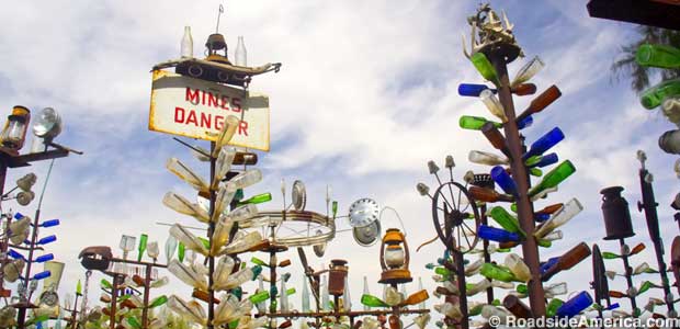 Signs and found objects mix with discarded glass bottles.