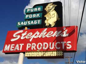 Stephen's Meat Products - the dancing pig neon sign.