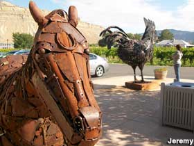 Horse and chicken sculptures.