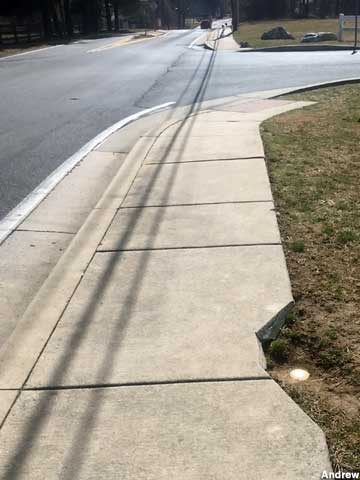 Survey marker is in a sidewalk notch.