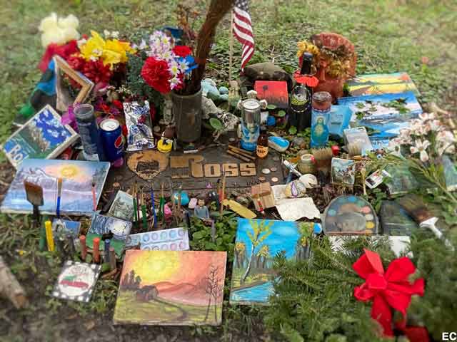 Bob Ross grave offerings.