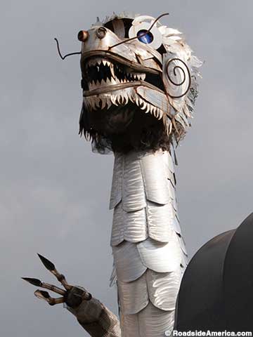 Rooftop dragon sculpture.