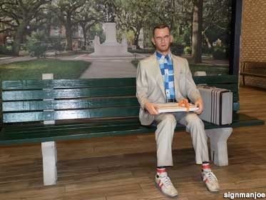 Gump on a bench.