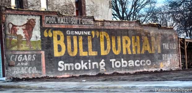 Wall ad for Bull Durham tobacco.