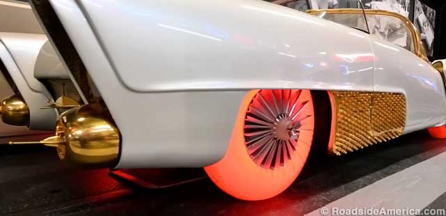 The experimental Golden Sahara II has glow-in-the-dark tires and its own ice machine.