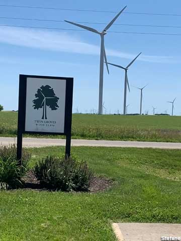 Wind Farm sign and field with turbines.