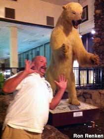 Polar bear menaces hotel lobby.