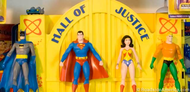 Super Friends in front of the Hall of Justice: inspiration for the Hall of Heroes Superhero Museum.