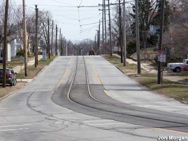 Train tracks in street.