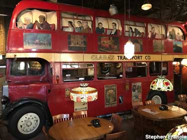 Double Decker Bus Inside Restaurant.