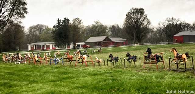 Yard art line of bouncy hobby horses.