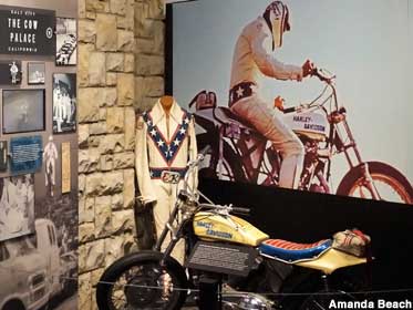 Red-white-blue suit and bike from Evel's jump over 15 vehicles in 1972. He only broke his ankle.