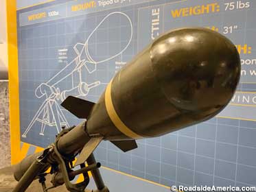 Close-up of the Atomic Mortar with its bulbous nuclear warhead.
