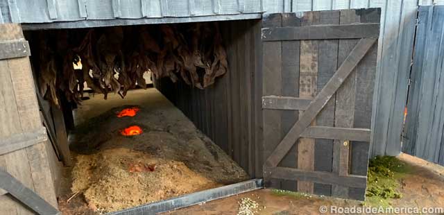 Black tobacco cures over a sawdust fire in a miniature barn.