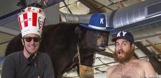 Whit Hiler (in KFC bucket hat), Cocaine Bear, and Griffin VanMeter, who said the bear ate his shirt.