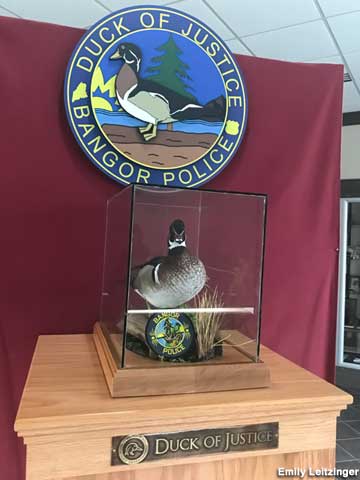 Duck of Justice on display pedestal.