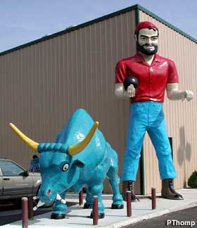Bowling Paul Bunyan muffler man and Babe the Blue Ox.