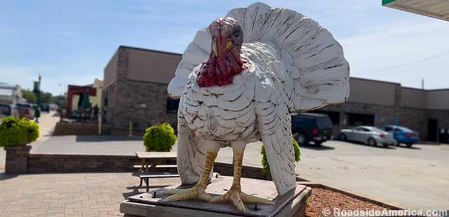 Small turkey statue downtown resembles Frazee's original big bird.